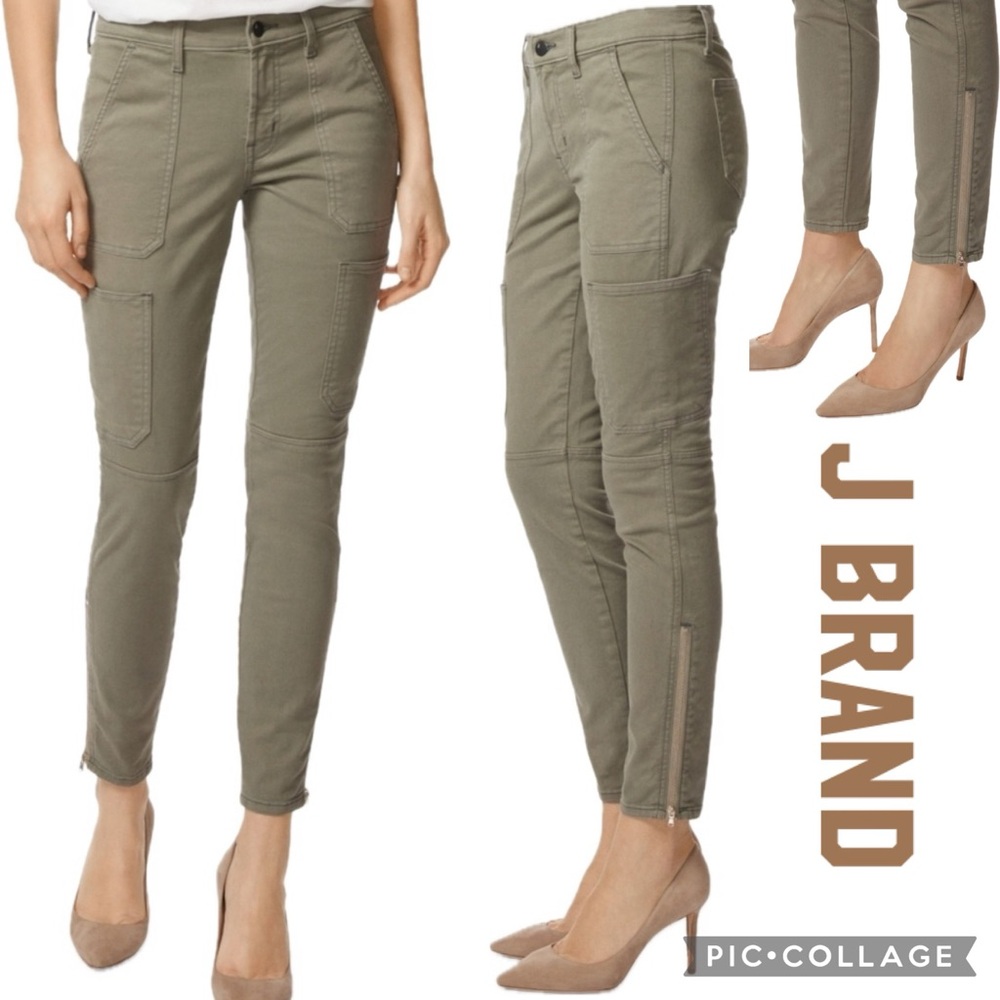 J Brand Mid-Rise Utility Skinny Pants With Ankle Zippers Luxe Twill In Castor